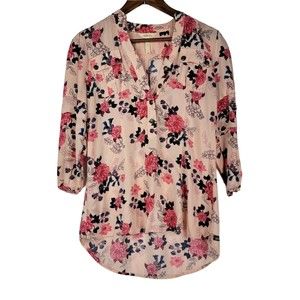 Matilda Jane Small Pink Floral Hi-Low V-Neck Blouse Ruffle Accent Lightwe…